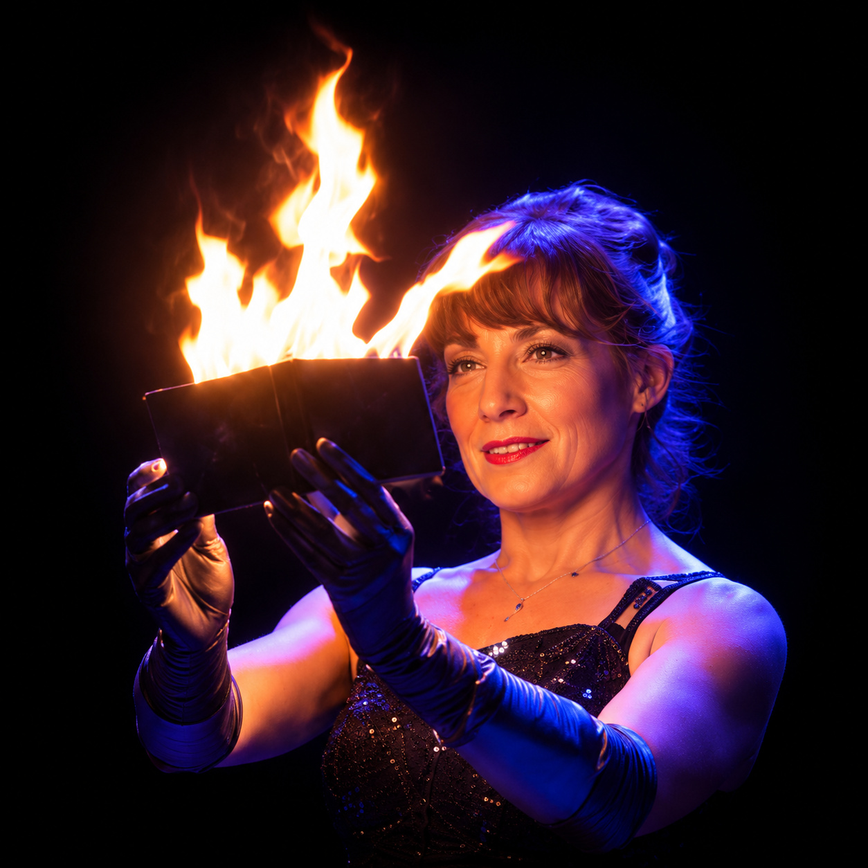 Isabella Delle Castelle — illusion sur scène avec un livre en flammes