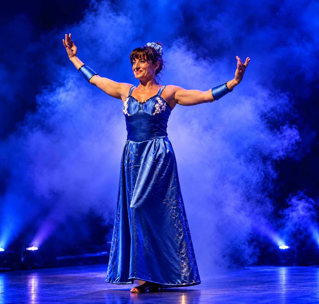 Isabella en robe bleue dans la fumée de scène